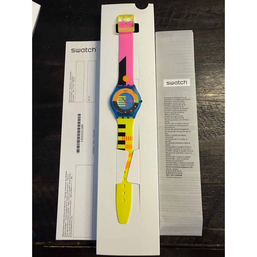 Swatch Skin Classic Neon Flumotions Blue Pink Yellow Watch New SS08S101